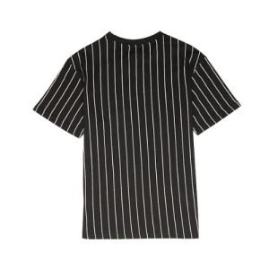 Karl Kani Black Signature Pinstripe Tee in Schwarz mit weißen Nadelstreifen, Rückansicht eines modernen Streetwear-T-Shirts.