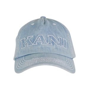 Karl Kani Blue Denim Cap aus blauem Denim-Material mit gesticktem Karl-Kani-Logo und klassischem gebogenem Schirm.
