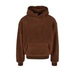 Karl Kani Brown Metal Signature Hoodie, braune Kapuzenjacke mit metallic Glanz und großem Markenlogo, isoliert auf hellem Hintergrund