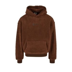 Karl Kani Brown Metal Signature Hoodie, braune Kapuzenjacke mit metallic Glanz und großem Markenlogo, isoliert auf hellem Hintergrund