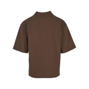 Braunes Karl Kani Polo-Shirt mit Polokragen, großem Karl Kani Brooklyn Logo und 89-Print auf der Vorderseite.