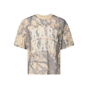 Close-up Karl Kani Mesh T-Shirt – Beige of a loose-fit made of 100% polyester with multicolor accents and a crew neck.