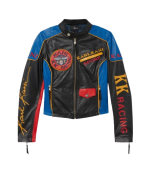 Karl Kani Babygirl Leather Jacket in jet black, cinched waist, soft lambskin leather, model standing. Shop now in Pakistan.