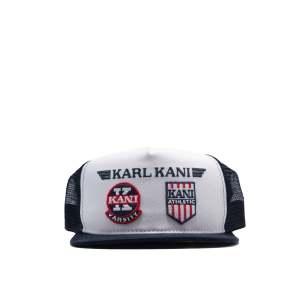Karl Kani Air Ball Cap Trucker Cap in Weiß und Navy mit gestickten Logo-Patches