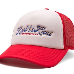 Red Karl Kani Trucker Cap in Rot und Weiß mit gesticktem Karl-Kani-Logo und atmungsaktivem Mesh-Rücken