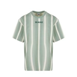 Karl Kani Green Print T-Shirt mit grünen und weißen vertikalen Streifen sowie Logo auf der Brust