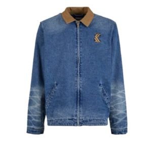 Karl Kani Indigo Denim Jacket - Blaue Jeansjacke von vorne auf einem weißen Hintergrund