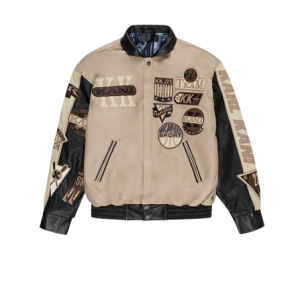 Karl Kani Beige Leather Patch Jacket in Beige mit hochwertigen Leder-Patches und modernem Streetwear-Design