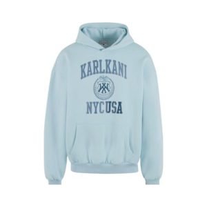 Karl Kani Light Blue Hoodie mit NYC-USA-Frontprint und Kängurutasche